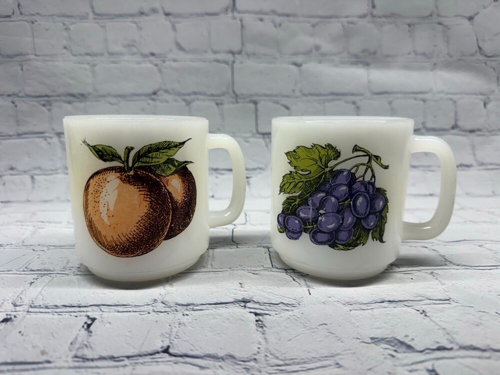 Set of 2 Vintage Glasbake Milk Glass fruit-pattern coffee mugs